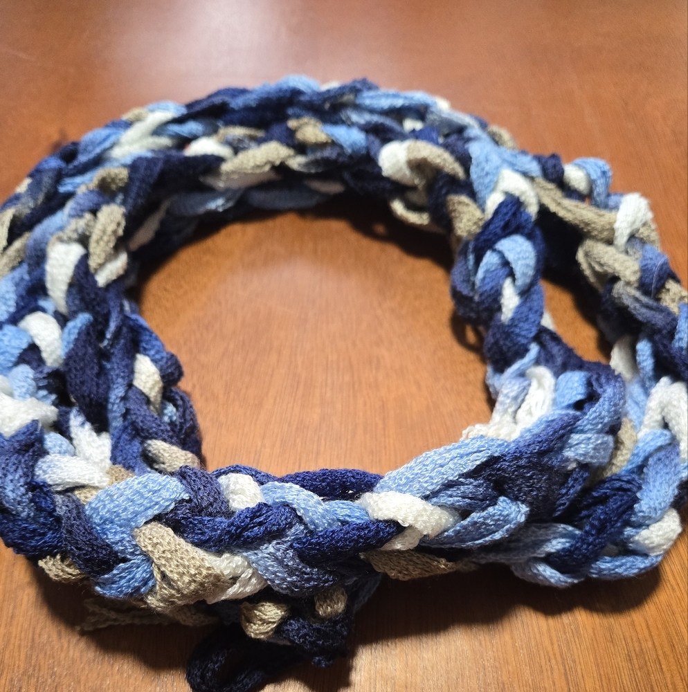 Braided Blue and Tan Knit Scarf
